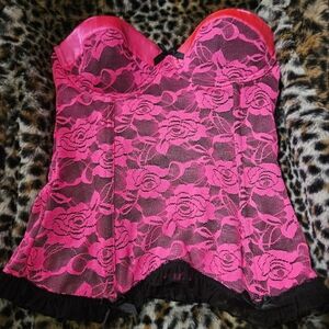 Dreamgirl - neon floral pink and black lace corset hook/eyeloop back